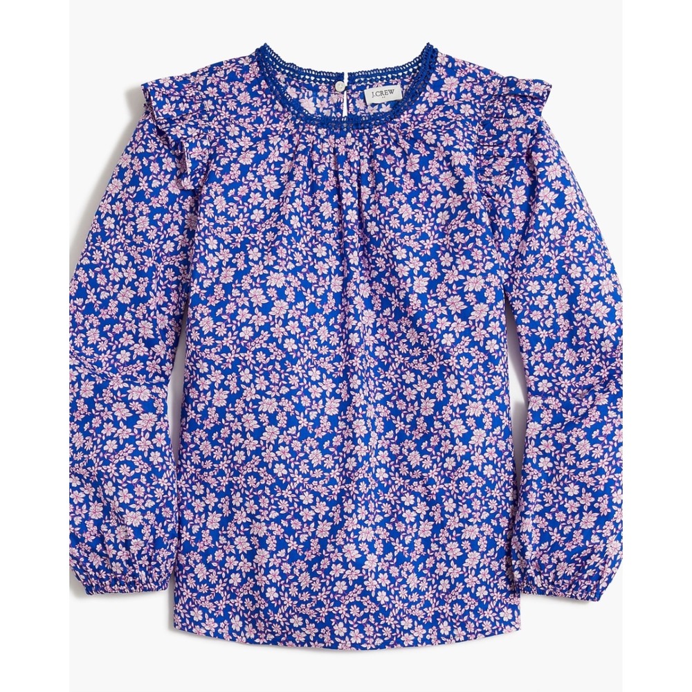 J.Crew Womens Blue Pink Floral Ruffle Shoulder Lace Trim Blouse XS - Picture 6 of 6